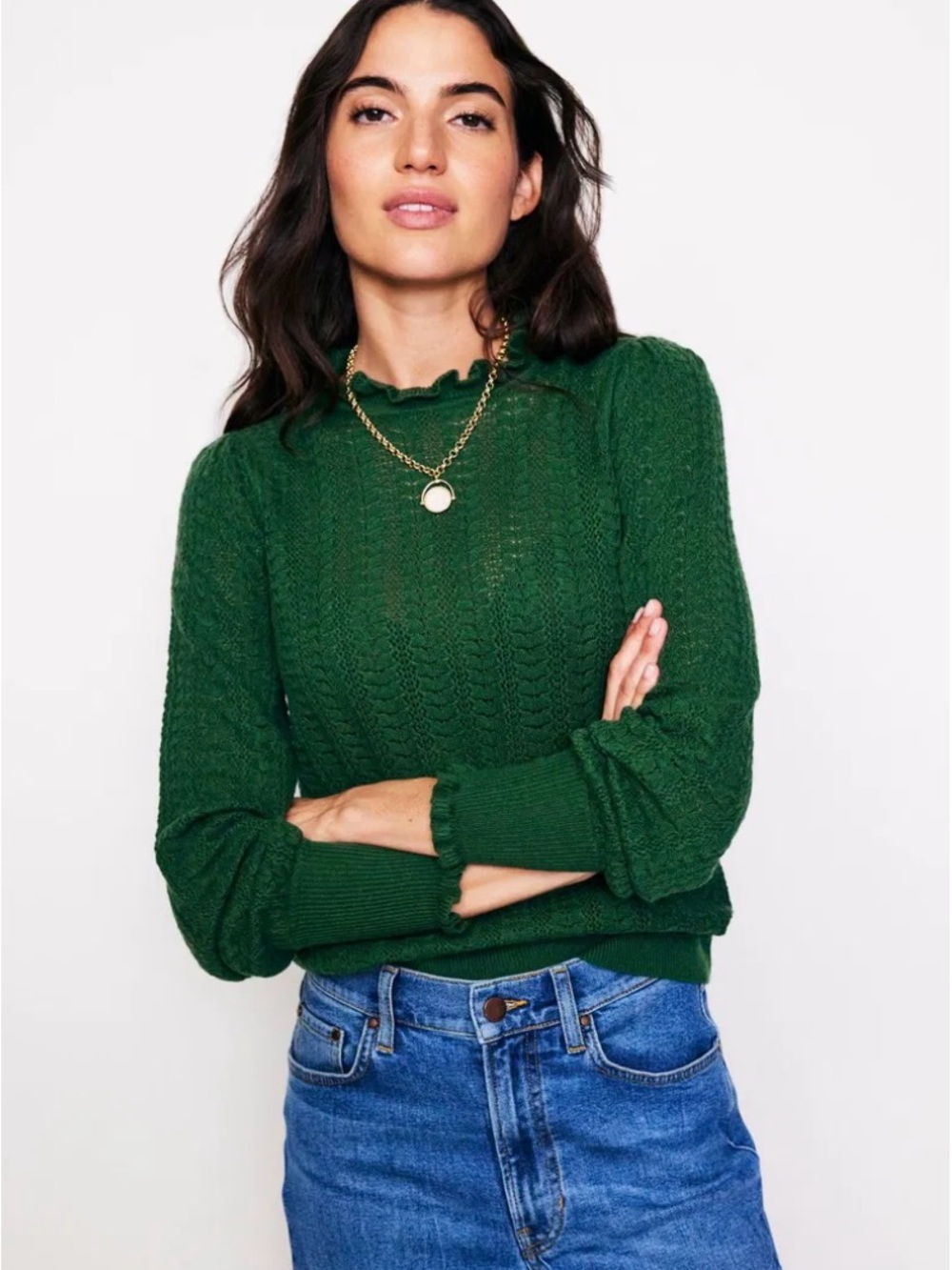 BODEN Tia Pointelle Frilled Sweater Wool Cotton Blend- Dark Green, Size XS